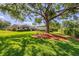 Spacious backyard showcases a mature shade tree, lush lawn, and the home's exterior, creating a private outdoor retreat at 4806 Huntleigh Dr, Sarasota, FL 34233