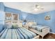 Comfortable bedroom featuring two twin beds with blue walls and fan at 625 Beach Rd # 207, Sarasota, FL 34242