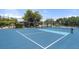 A blue and light-blue pickleball court has a net and black chainlink fence at 6732 Washington Pl, Bradenton, FL 34207
