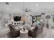 Cozy living room with leather seating, large fan, with sight lines to the outdoor pool at 12715 Wheatgrass Ct, Parrish, FL 34219