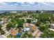 An aerial view of a charming neighborhood showcases a cozy home with a pool, surrounded by lush greenery and city views at 2120 8Th W Ave, Bradenton, FL 34205