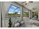 A screened patio with comfortable seating overlooks the pool and tranquil water view, perfect for relaxing and entertaining at 2818 Starwood Ct, Lakewood Ranch, FL 34211