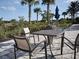 Community outdoor seating area with chairs, tables, blue umbrellas, and palm trees at 5952 Snowy Egret Dr, Sarasota, FL 34238