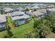 Aerial view shows the backyard pool of the home, and beautiful lush landscaping at 6317 Rivo Lakes Blvd, Sarasota, FL 34241