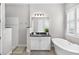Stylish bathroom with a soaking tub, walk-in shower, and sleek vanity with modern fixtures at 6317 Rivo Lakes Blvd, Sarasota, FL 34241