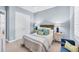 Comfortable bedroom features a plush bed, soft blue walls, and plenty of storage at 7643 Haddington Cv, Bradenton, FL 34202