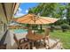 Inviting patio features comfortable seating around an umbrella-shaded table, perfect for outdoor dining near the sparkling pool at 1046 Greystone Ln, Sarasota, FL 34232