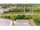 Aerial view of the property showcasing roof, and backyard with wooded perimeter at 1800 Little Bird Ct, Sarasota, FL 34235