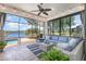 Beautiful lanai with comfortable seating overlooking a tranquil lake and pool, perfect for relaxation and entertaining at 2705 Taheebo Way, North Port, FL 34289