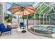 A covered patio with table and chairs overlooks the pool and spa at 5915 43Rd E Ct, Bradenton, FL 34203