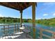 The interior of a pier gazebo with a wooden bench facing the lake at 1431 57Th W St # 1431, Bradenton, FL 34209