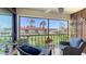 Relaxing screened-in patio featuring comfortable seating and views of the lush green landscape at 1431 57Th W St # 1431, Bradenton, FL 34209