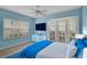 Stylish bedroom with blue accents, bay window, and modern furnishings for comfortable living at 208 Silver Lake Dr # 101, Venice, FL 34292