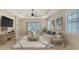 Bright living room featuring modern decor, a ceiling fan, and views of the outdoor pool area at 7158 Westhill Ct, Lakewood Ranch, FL 34202