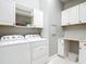 Clean laundry room featuring modern washer and dryer units, white cabinets, and folding area at 13724 Quinta St, Venice, FL 34293