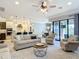 Bright, open-concept living area with a ceiling fan and sliding glass doors to the outdoor patio at 13724 Quinta St, Venice, FL 34293