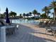 Resort-style pool with lounge chairs, tables, and umbrellas surrounded by palm trees at 13724 Quinta St, Venice, FL 34293