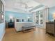 Serene main bedroom with a king-size bed, tray ceiling, and tranquil blue walls, complemented by natural light at 497 Island Cir, Sarasota, FL 34242
