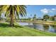 Picturesque backyard view of a serene canal, palm trees, and manicured lawn at 7319 Westminster Ct, University Park, FL 34201