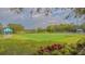 Well-manicured shuffleboard court with green lawn in a friendly neighborhood surrounded by greenery at 7319 Westminster Ct, University Park, FL 34201