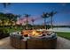 Warm and inviting fire pit with seating, surrounded by palm trees and with a backdrop of a serene lake at twilight at 12224 Garden Lake Cir, Odessa, FL 33556