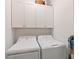 Efficient laundry room with white cabinetry and modern washer and dryer units for convenient chores at 18028 Gawthrop Dr # 406, Bradenton, FL 34211