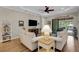 Relaxing living room featuring a comfortable seating arrangement, wood floors, and a view of the outdoor pool area at 3921 Waypoint Ave, Osprey, FL 34229