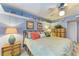 This bedroom offers serene decor with a ceiling fan and nautical-themed accents on display shelves at 3562 Lake Bayshore Dr # 202, Bradenton, FL 34205