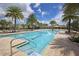 Community pool with clear water, a handrail to enter, and plenty of lounge chairs under shady trees at 11925 Brookside Dr, Bradenton, FL 34211