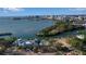 Panoramic aerial view of a waterfront neighborhood featuring luxurious homes, lush landscaping, private docks, and stunning views of the city skyline at 1479 Bay Point Dr, Sarasota, FL 34236