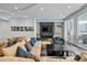 A resident lounge with ample seating, a fireplace, TV, and beautiful outdoor views at 301 Quay Commons # 507, Sarasota, FL 34236