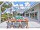 Outdoor dining set with a screened pool view, perfect for entertaining and enjoying the sunshine at 4487 Glebe Farm Rd, Sarasota, FL 34235
