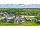 Aerial shot of homes with screened-in pools surrounded by lush greenery and trees at 4487 Glebe Farm Rd, Sarasota, FL 34235