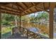 A serene view of a calm pond with lush green trees, captured from under a covered deck area at 8280 Ibis St, Sarasota, FL 34241