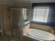 Elegant bathroom featuring a large soaking tub and separate glass-enclosed shower stall at 9011 Hammock Edge Pl, Bradenton, FL 34212