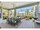 This screened patio boasts ample space for dining and lounging, featuring a ceiling fan and views of lush landscaping at 1806 85Th Nw Ct, Bradenton, FL 34209