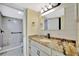 Bathroom with granite counters, white vanity, and walk-in shower with gray tile at 2311 14Th W Ave # 208, Palmetto, FL 34221