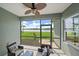 Enclosed lanai with beautiful views of the lake and comfortable seating area at 7743 Ridgelake Cir, Bradenton, FL 34203