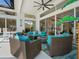 This outdoor patio features comfortable wicker seating around a fire pit and a ceiling fan at 8687 Woodbriar Dr, Sarasota, FL 34238