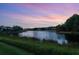 Scenic view of a tranquil pond at dusk, surrounded by lush greenery at 8687 Woodbriar Dr, Sarasota, FL 34238