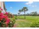 Landscaped lawn with palm trees and colorful flowers, overlooking golf course at 9641 Castle Point Dr # 1215, Sarasota, FL 34238