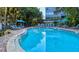Community pool surrounded by lounge chairs, umbrellas, and tropical landscaping at 1255 E Peppertree Dr # 506, Sarasota, FL 34242
