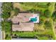Aerial view of the home showcasing the pool, patio, lush landscaping, mature trees and roof at 3432 Founders Club Dr, Sarasota, FL 34240