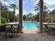 Resort style pool area framed by elegant pillars, manicured landscaping and views of palm trees; perfect for relaxation at 4166 Central Sarasota Pkwy # 535, Sarasota, FL 34238