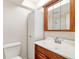 Bathroom with wood vanity, mirror, white sink, and toilet at 4885 1St Ne St # 308, St Petersburg, FL 33703