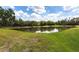A backyard pond is surrounded by lush green grass, offering a serene and natural setting at 5391 90Th Avenue E Cir, Parrish, FL 34219