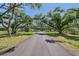 Long driveway lined by mature trees leading to home and other structures at 7200 Chameleon Way, Sarasota, FL 34241
