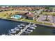Aerial view of boat docks and waterfront homes in a coastal community at 1613 4Th E St, Palmetto, FL 34221