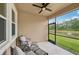 Relaxing screened lanai overlooking a serene pond and lush green backyard at 5520 Coachwood Cv, Bradenton, FL 34211