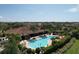 Aerial view of a large community pool with palm trees, lounge chairs, and clear blue water on a sunny day at 8721 Trattoria Ter, Sarasota, FL 34238